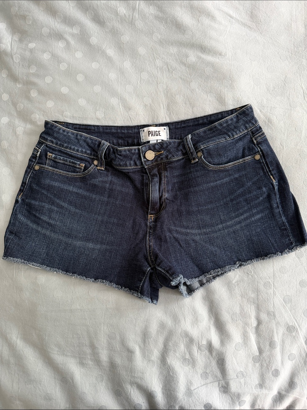 PAIGE Indigo Denim Cutoff Shorts with Frayed Hem, Size 29